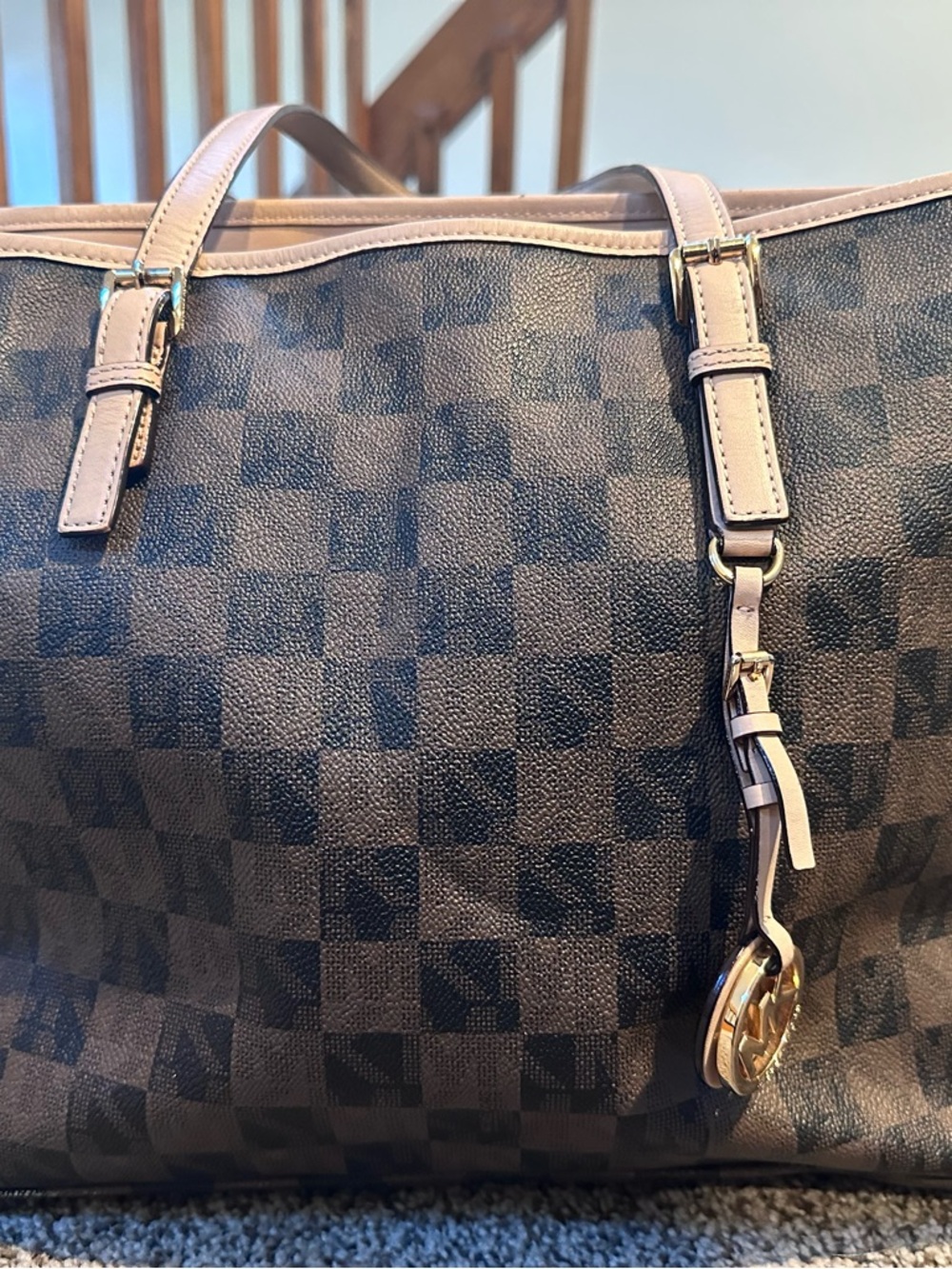 Michael Kors Designer-Style Dark Checkered Tote Bag with Light Trim